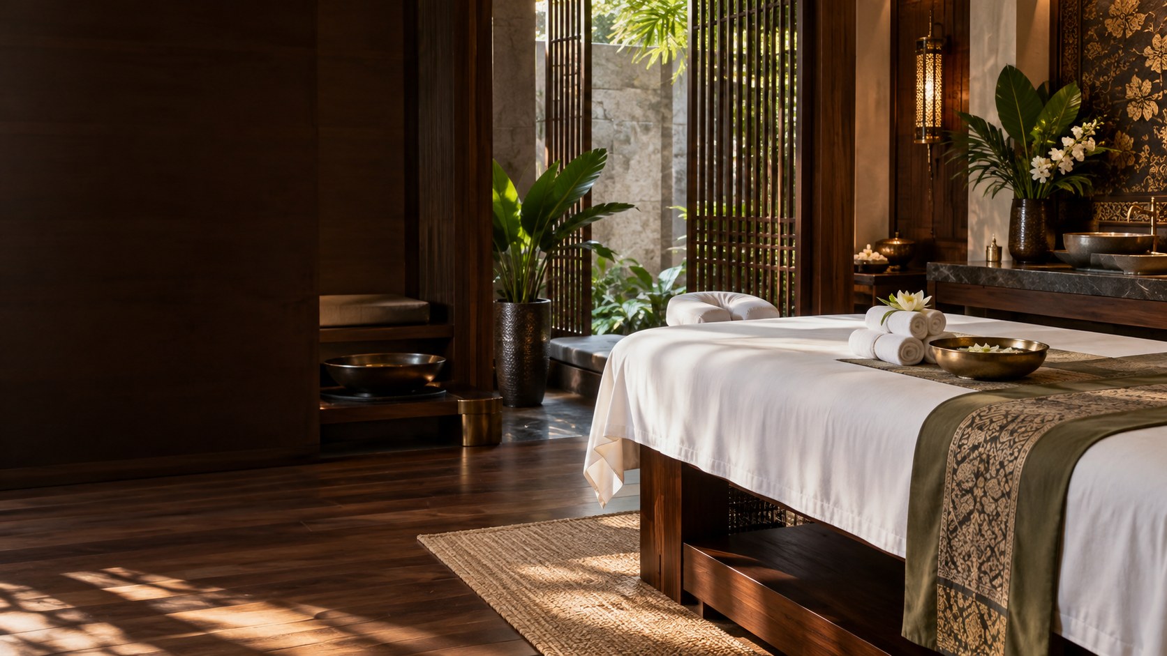 Luxury spa treatment room with dark wood, a massage bed and soft garden light